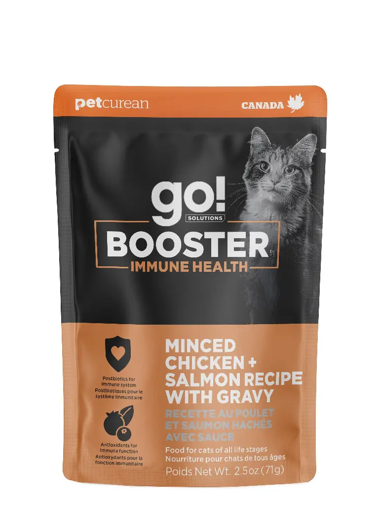 Petcurean Go! Booster pour Chat Système Immunitaire Poulet + Saumon Hachés avec Sauce 71g