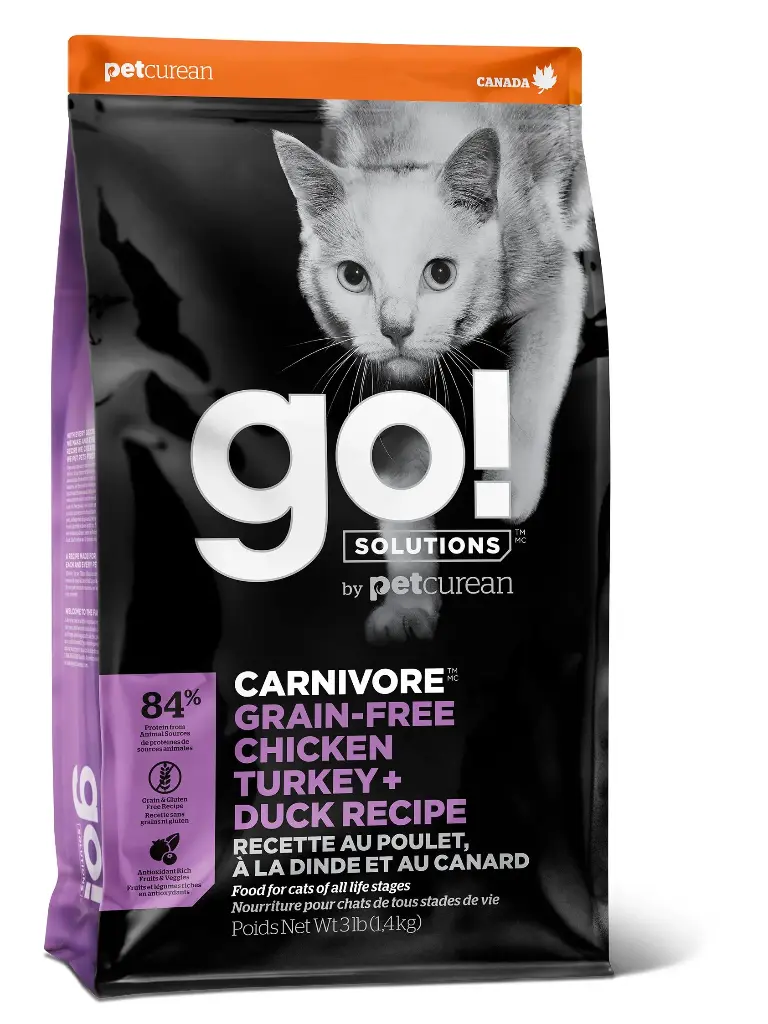 Petcurean Go! Carnivore Sans Grains Pour Chat Poulet, Dinde + Canard 3lbs / 1.36kg