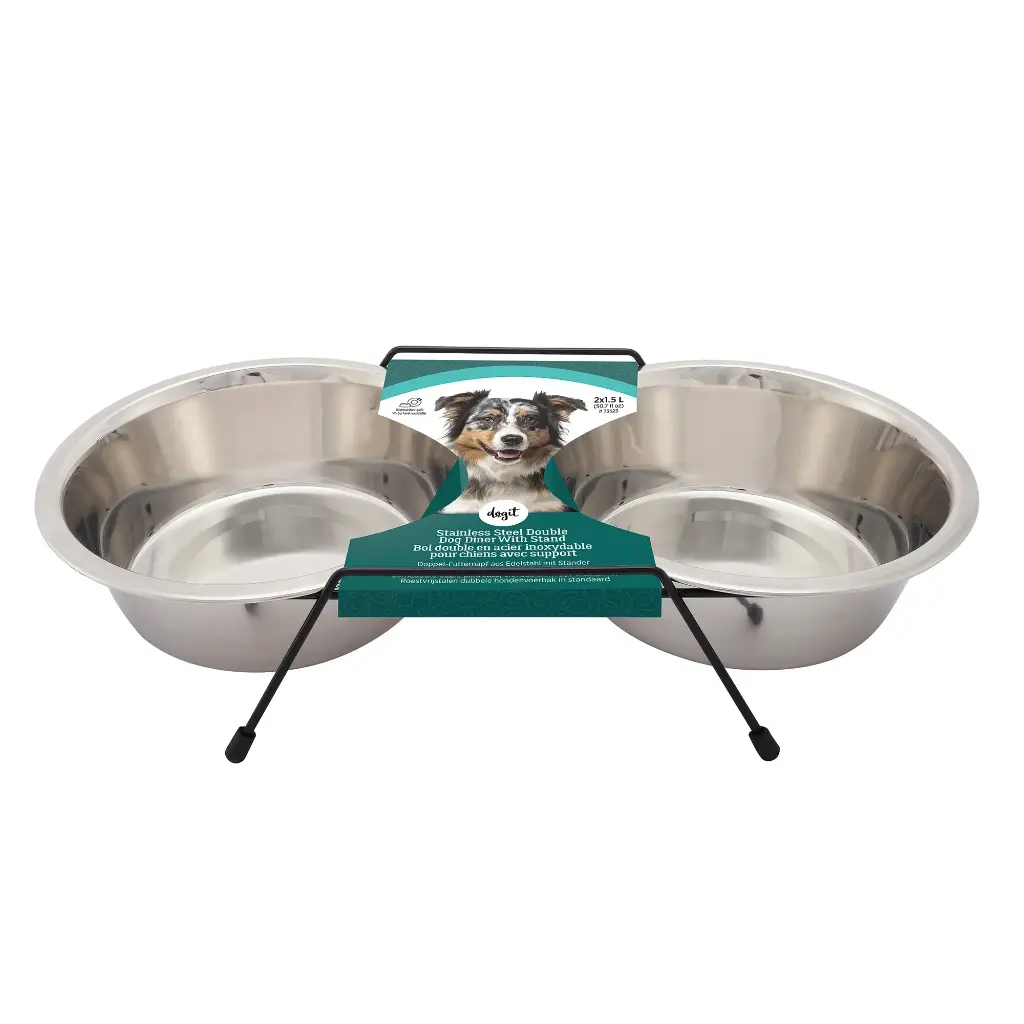 Dogit Set of 2 Stainless Steel Bowls with Stand 1.5L - Large