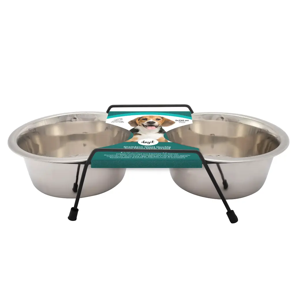 Dogit Set of 2 Stainless Steel Bowls with Stand 750ml - Medium