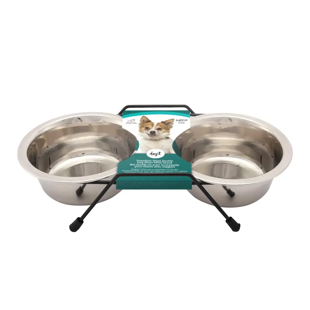 Dogit Set of 2 Stainless Steel Bowls with Stand 400ml - Small