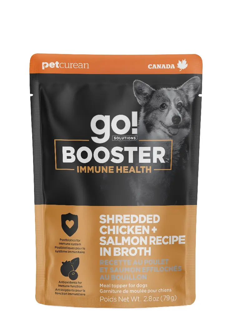 Petcurean Go! Booster pour Chien Système Immunitaire Poulet & Saumon Effilochés au Bouillon 79g