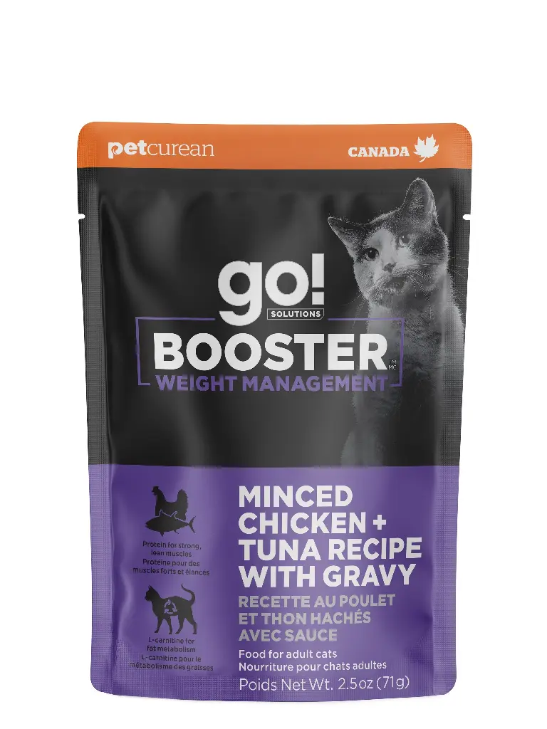 Petcurean Go! Booster pour Chat Contrôle du Poids Poulet + Thon Hachés avec Sauce 71g