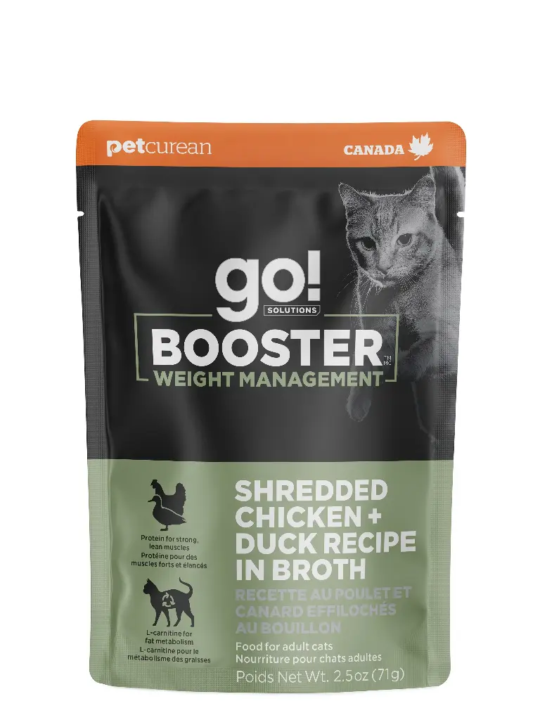 Petcurean Go! Booster pour Chat Contrôle du Poids Poulet Effiloché + Canard au Bouillon 71g