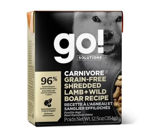 Petcurean Go! Chien Tetra Pak Carnivore Sans Grains Agneau + Sanglier + Effilochés 354g