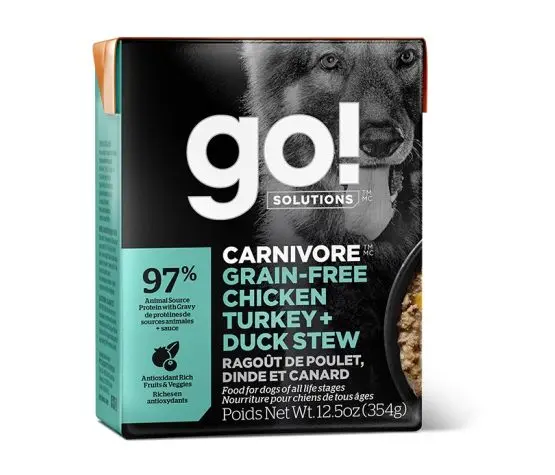 Petcurean Go! Chien Tetra Pak Carnivore Sans Grains Râgout de Poulet, Dinde + Canard 354g