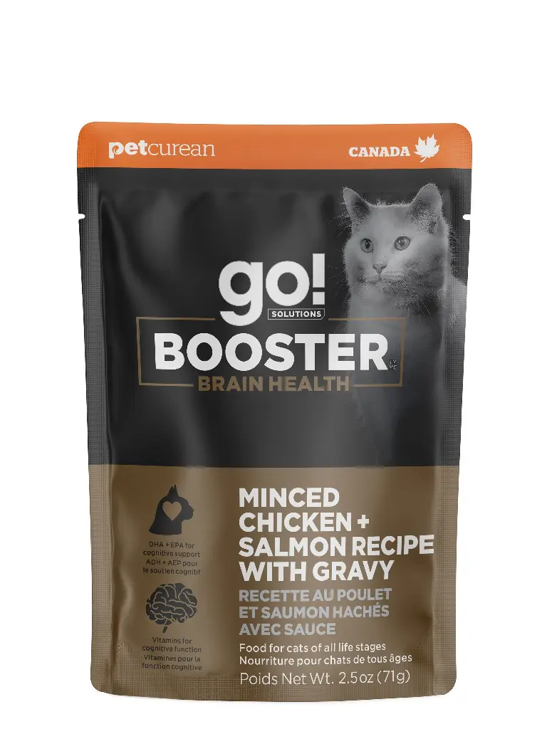 Petcurean Go! Booster pour Chat Santé Cérébrale Poulet + Saumon Hachés avec Sauce 71g