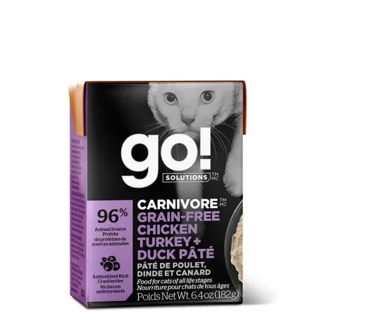Petcurean Go! Chat Tetra Pak Carnivore Sans Grains Pâté de Poulet, Dinde & Canard 182g