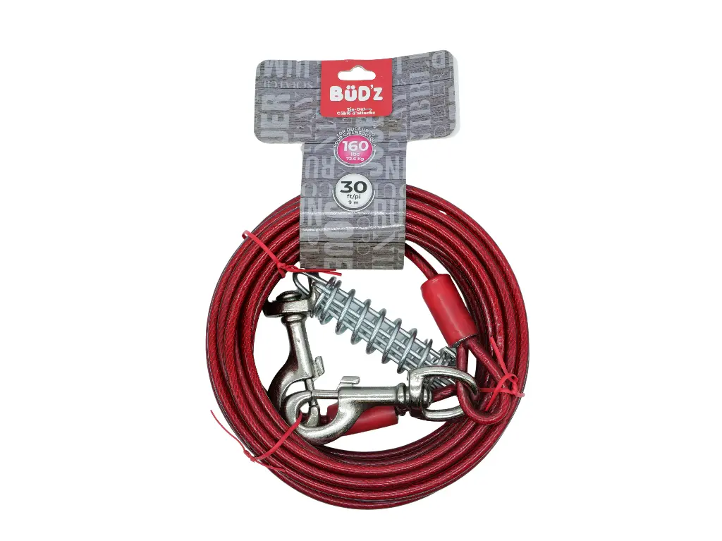 Cable de amarre Bud'z de 30' / 9 m con resorte (para perros de hasta 160 lb)