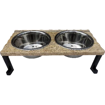 Indipets Stainless Double Bowl with Slanted Wooden Stand - 2 x 20 oz